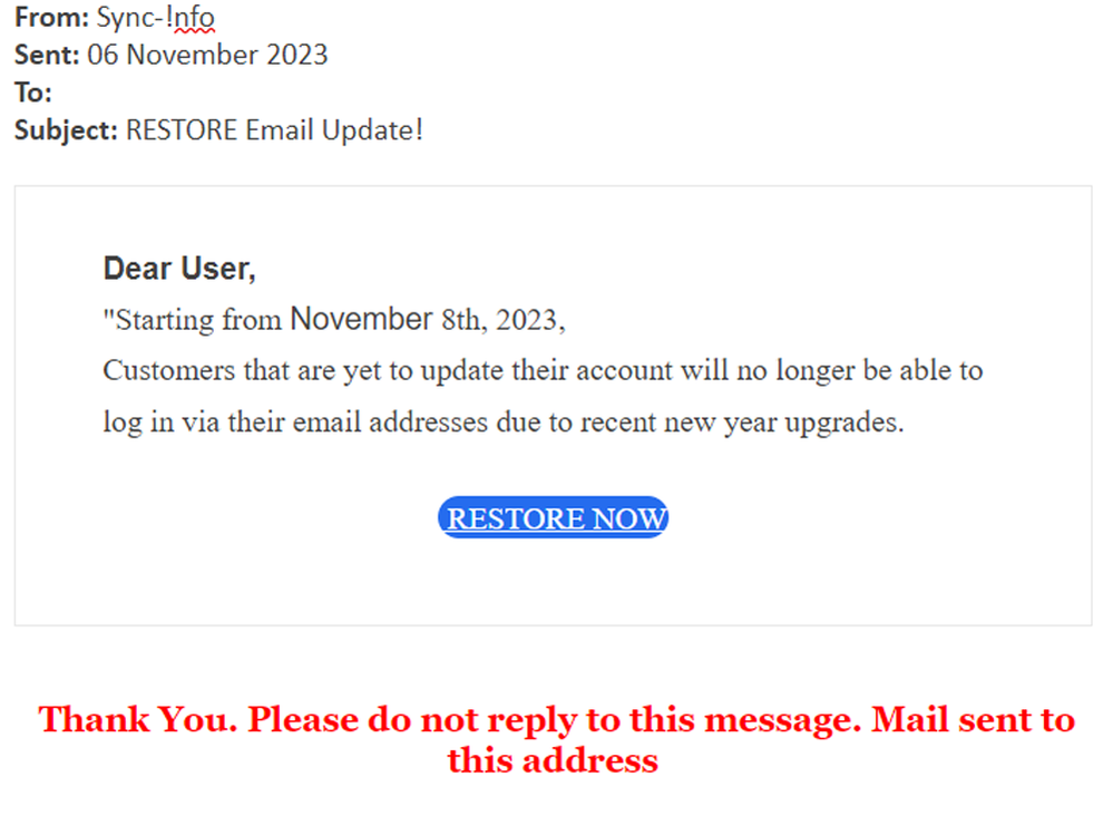 example-of-phishing-email-with-RESTORE-Email-Update!-in-subject