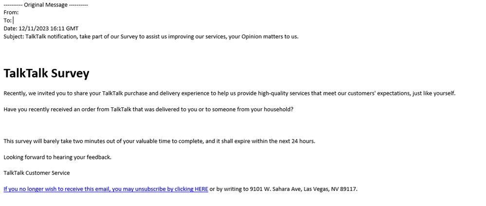 example-of-phishing-email-with-TalkTalk-notification,-take-part-of-our-survy-in-subject