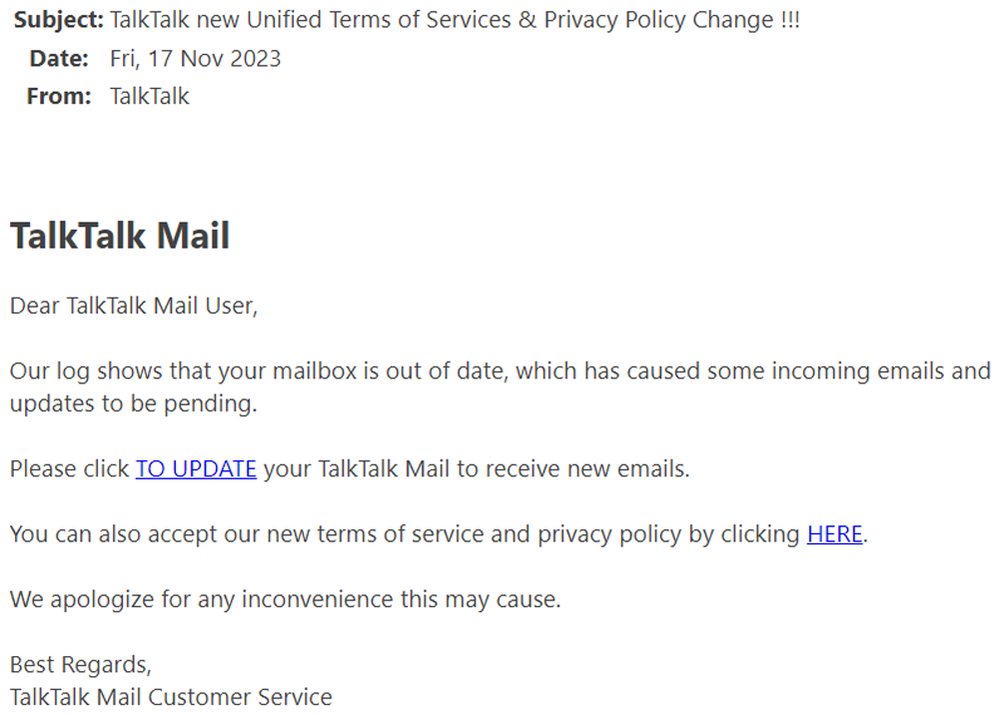 example-of-phishing-email-with-TalkTalk-new-Unified-Terms-of-Services-&-Privacy-Policy-Change-!!!-in-subject
