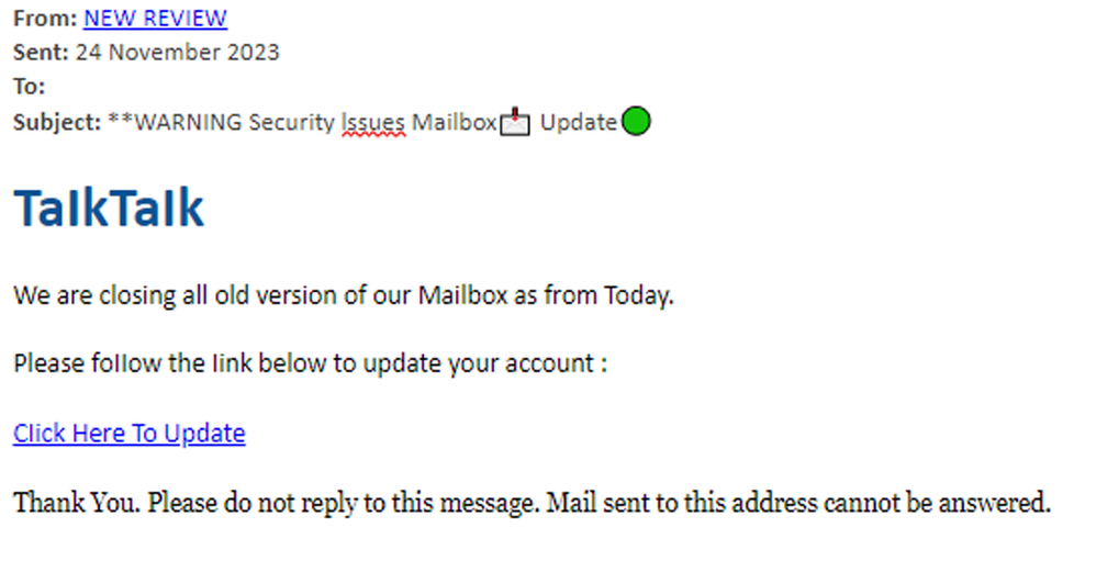 example-of-phishing-email-with-WARNING-Security-Issues-Mailbox-Update-in-subject