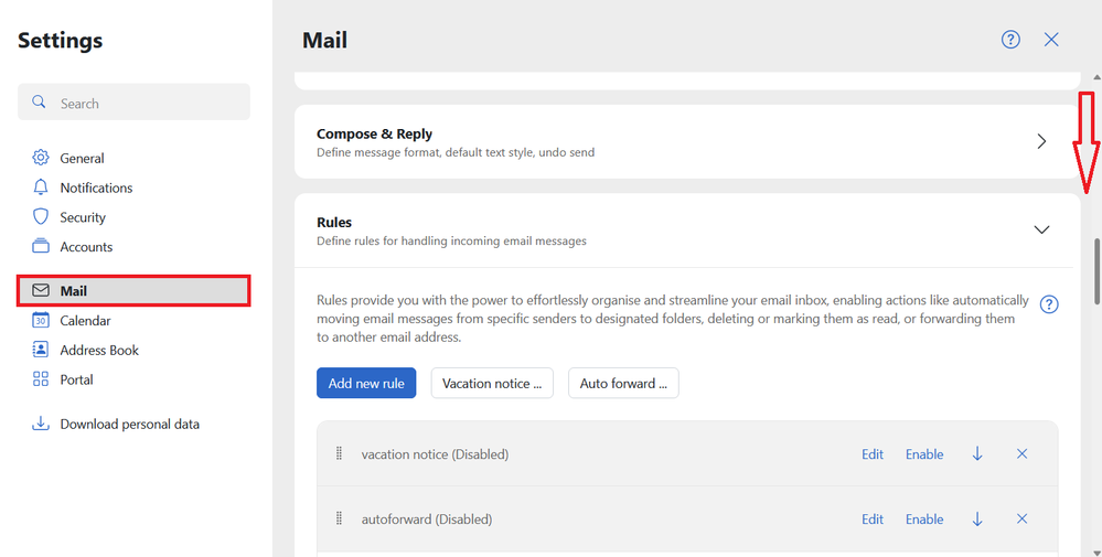 All settings modal : Mail : Rules