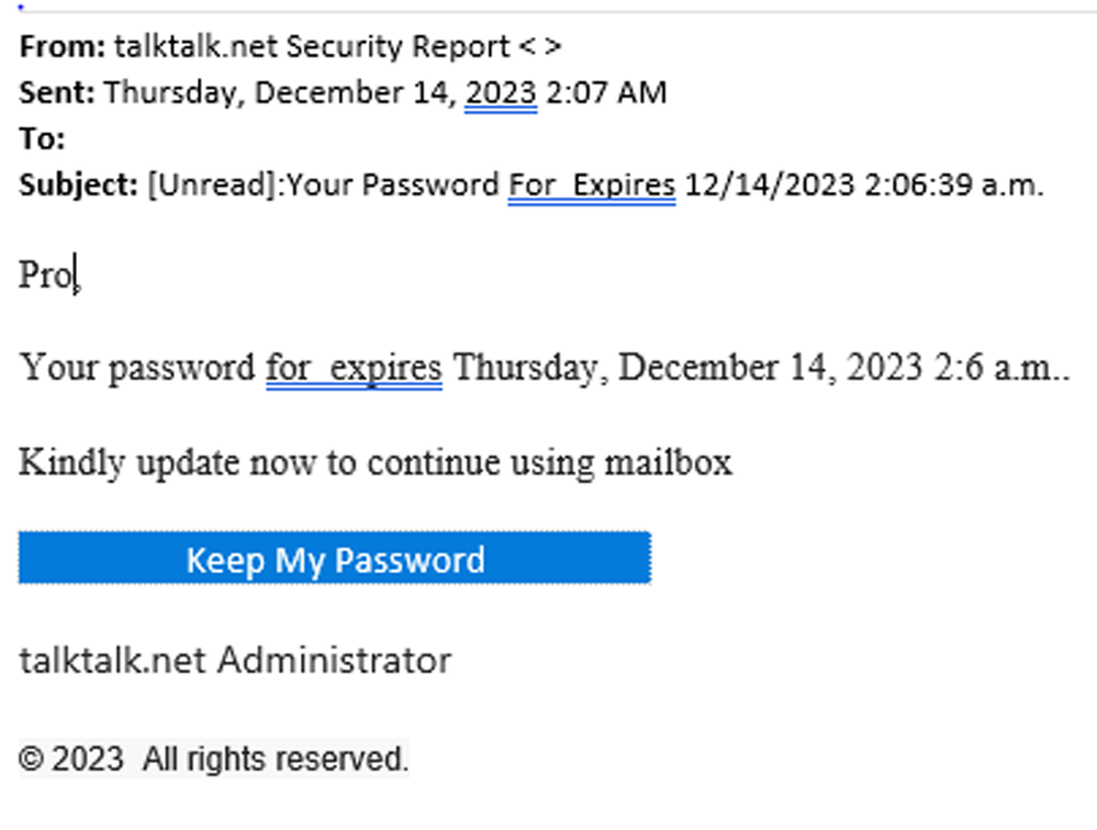 example-of-phishing-email-with-[Unread]-Your-Password-For-Expires-12-14-2023-in-subject