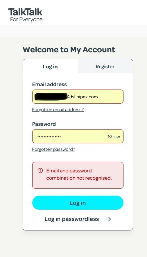My Account login error