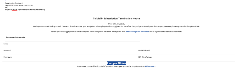 example-of-phishing-email-with-TalkTalk-Payment-Support-Team-in-subject