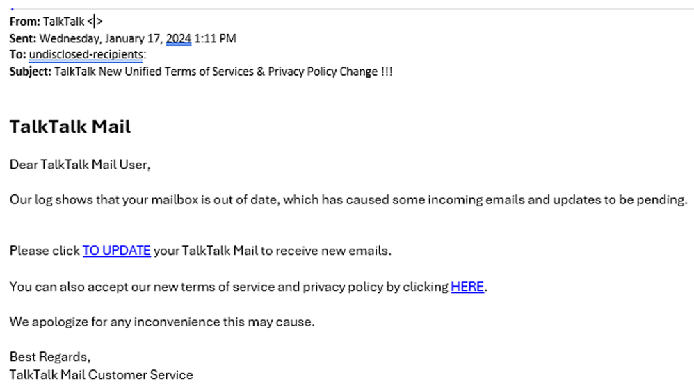 example-of-phishing-email-with-TalkTalk-New-Unified-Terms-of-Service-&-Privacy-Policy-Change-!!-in-subject
