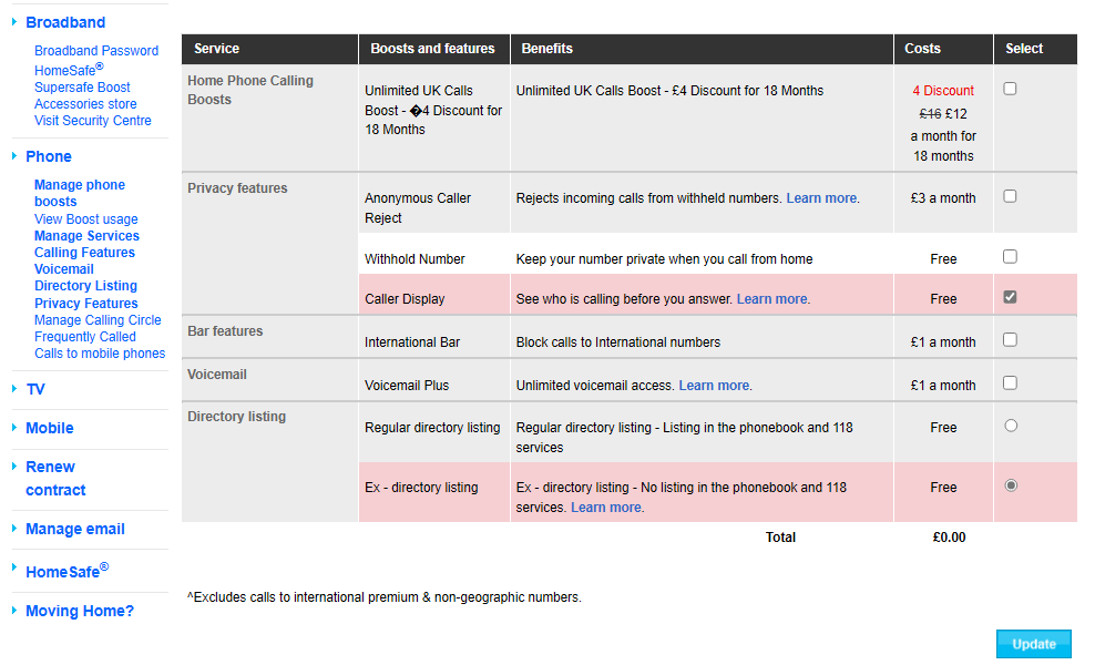 My telephone settings