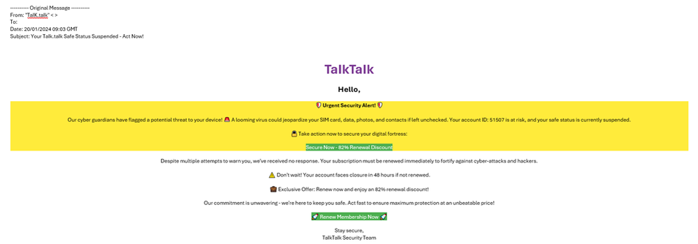 example-of-phishing-email-with-Your-Talk-talk-Safe-Status-Suspended---Act-Now!-in-subject