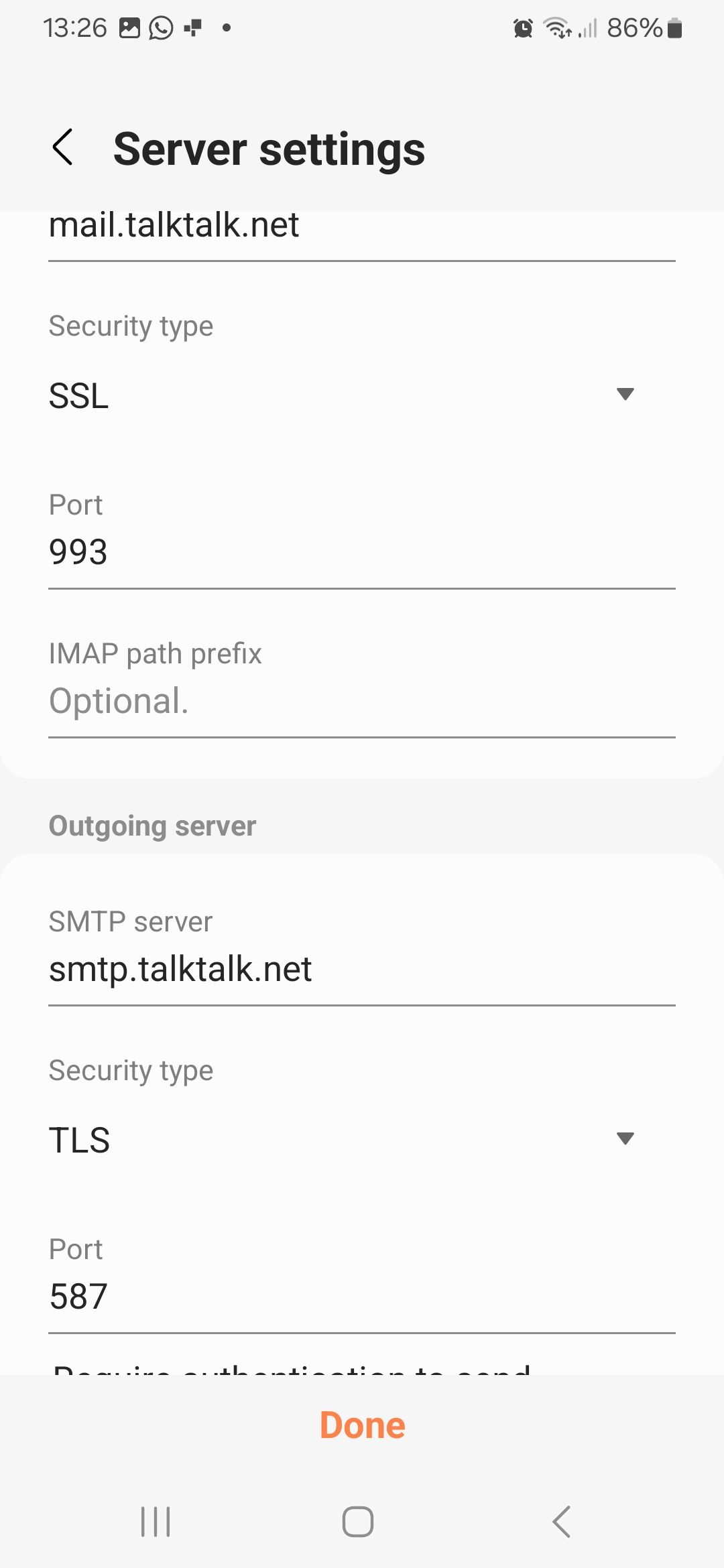 Unable To Send Talktalk Emails From Samsung Device TalkTalk Help