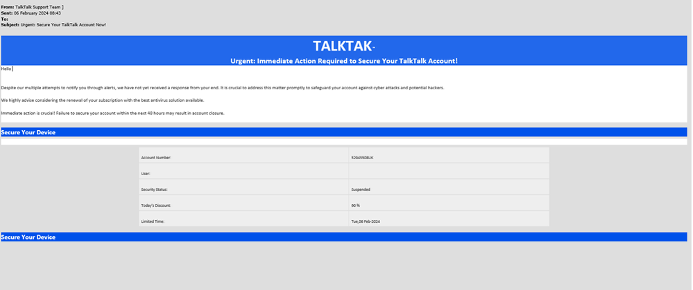 example-of-phishing-email-with-Urgent-Secure-Your-TalkTalk-Account-Now-in-subject
