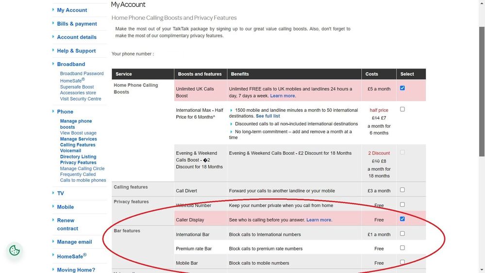 TalkTalk account Boosts settings