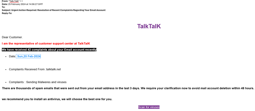 example-of-phishing-with-Urgent-Action-Required-Resolution-of-Complaints-Regarding-Your-Email-Account-in-subject