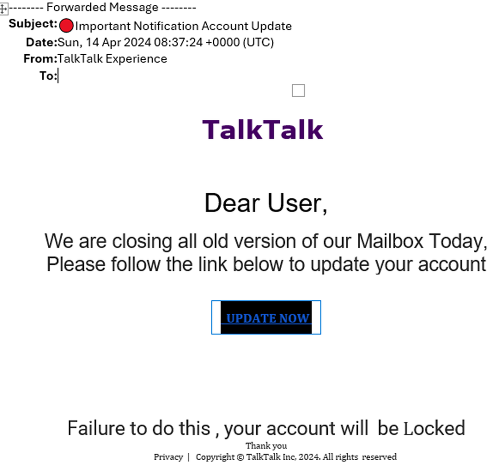 example-of-phishing-email-with-TalkTalk-Experience-in-subject
