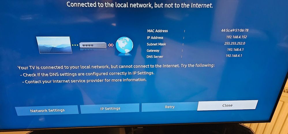 TV notification of  connection to local network but not to internet