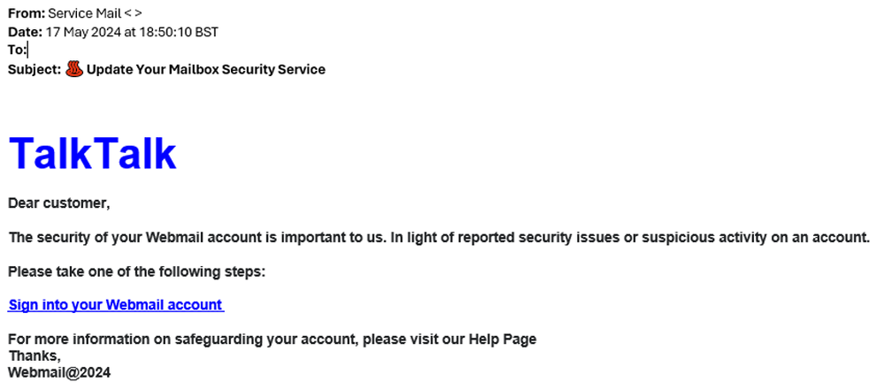 example-of-phishing-email-with-Update-Your Mailbox Security Service-in-subject