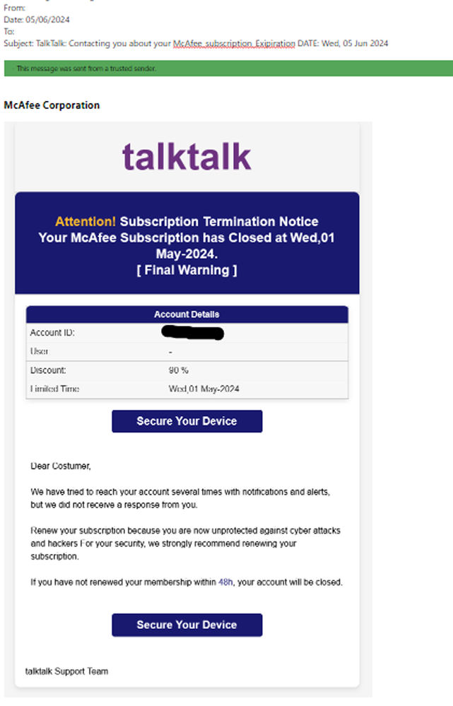 example-of-phishing-with-TalkTalk-Contacting-you-about-your-McAfee-subscription-in-subject