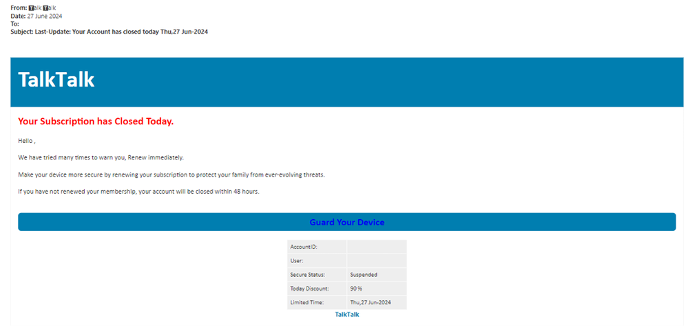 example-of-phishing-email-with-Last-Update-Your-Account-has-closed-today-Thu27-Jun-2024-in-subject