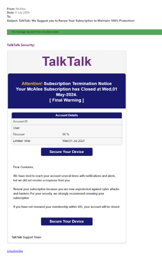 example-of-phishing-with-TalkTalk-We-Suggest-you-to-Renew-Your-subscription-to-Maintain-100%-Protection-in-subject