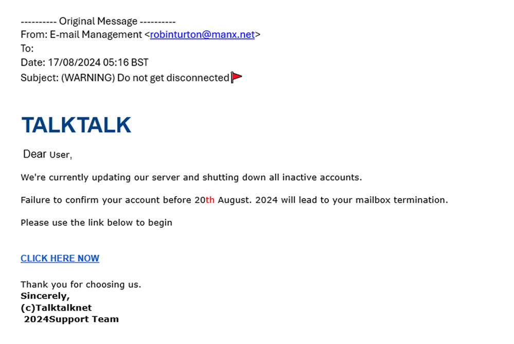 example-of-phishing-email-with-Warning-Do-not-get-disconnected-in-subject