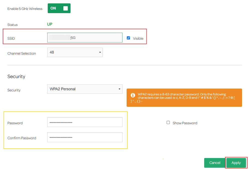 Rename SSID field, password remains unchanged