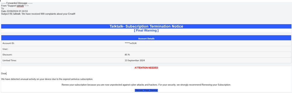 example-of-phishing-email-with-RE-talktalk-We-have-received-999-complaints-about-your-Email-in-subject