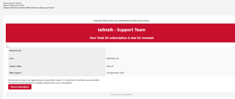 example-of-phishing-email-with-RE-talktalk-We-have-received-1999-complaints-about-your-Email-in-subject