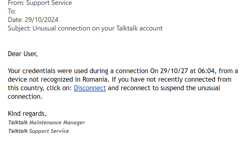 example-of-phishing-email-with-Unusual-connection-on-your-TalkTalk-account-in-subject