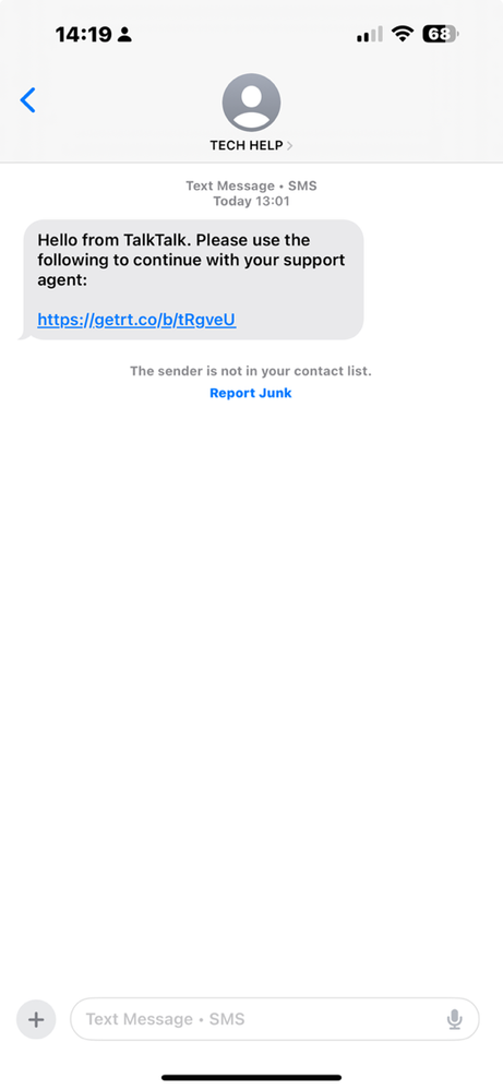 Example of phishing text claiming to be from Tech help