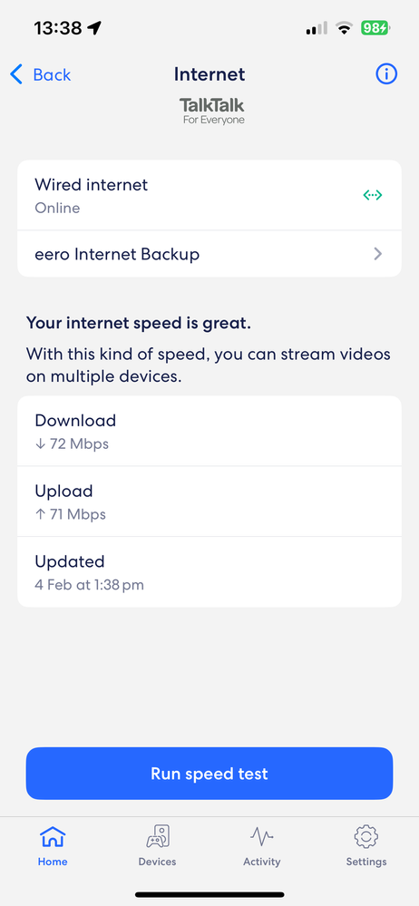 eero app connection view