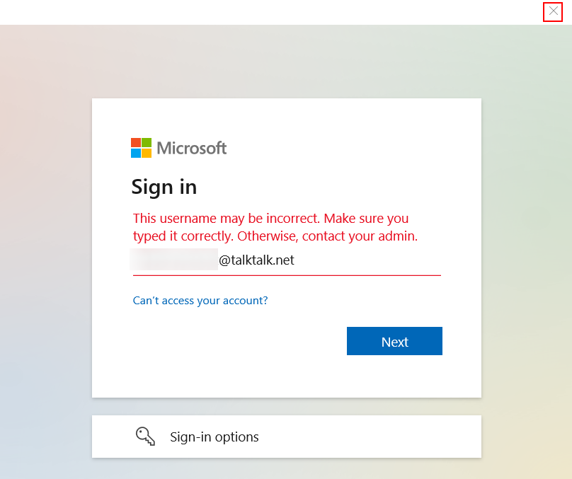 Incorrect username